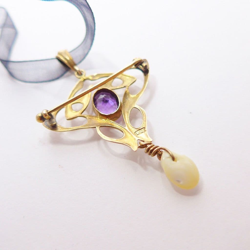 SOLD Art Nouveau Gold Amethyst and Pearl Pendant / Brooch C 1900
